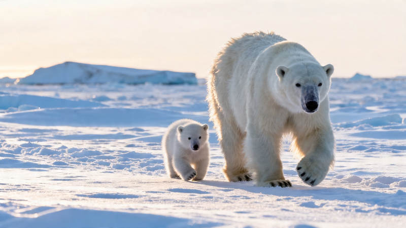 北极熊母子雪地漫步图片
