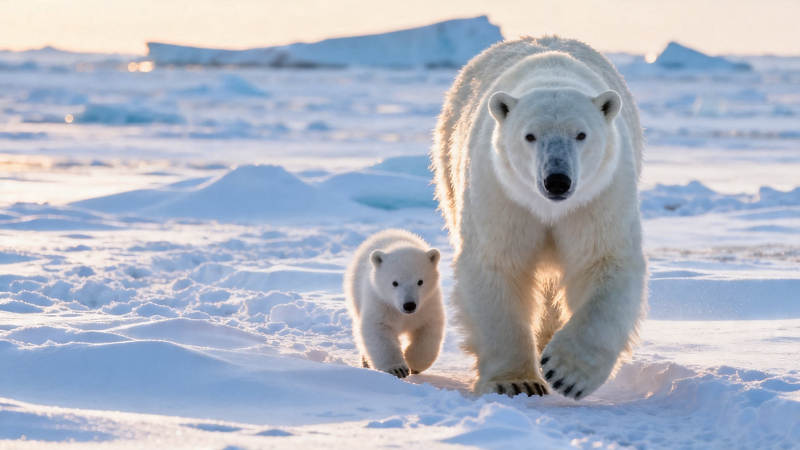 北极熊母子雪地漫步图片