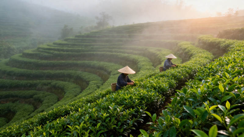 晨雾茶山采茶人图片