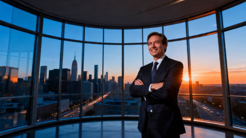 商界精英俯瞰城市黄昏图片