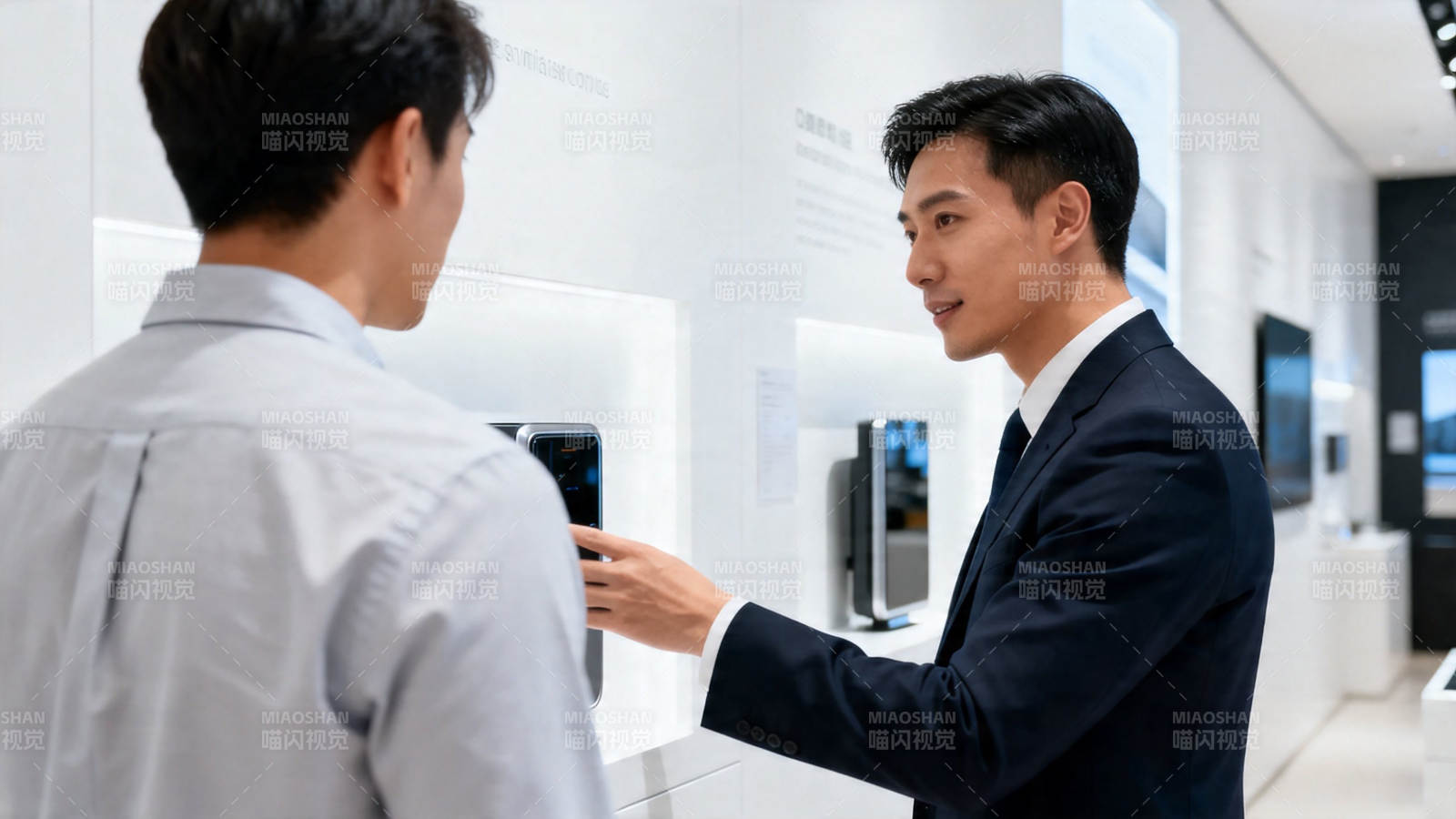 店员向顾客介绍手机产品图片