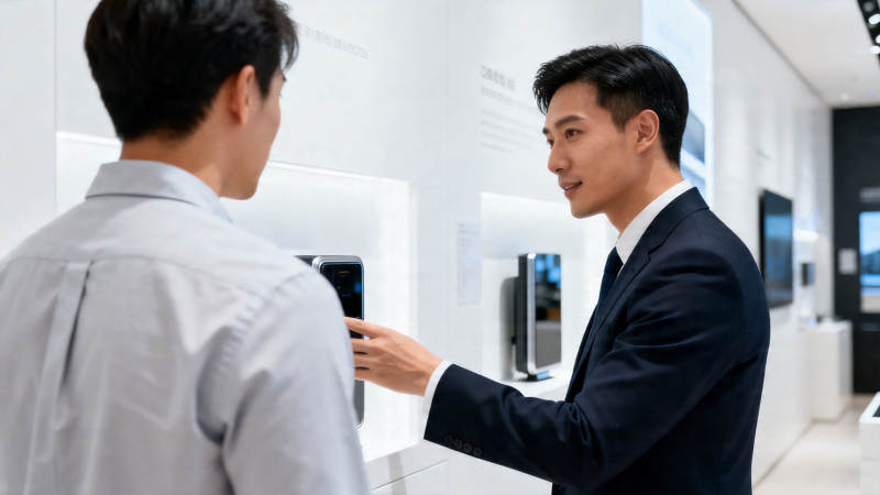 店员向顾客介绍手机产品图片