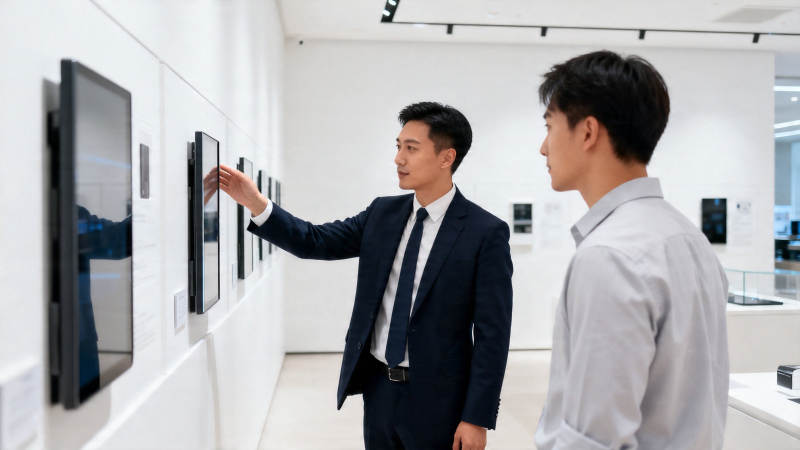 西装男讲解屏幕 客户聆听图片