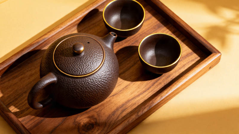 茶壶茶杯木托盘静物图图片