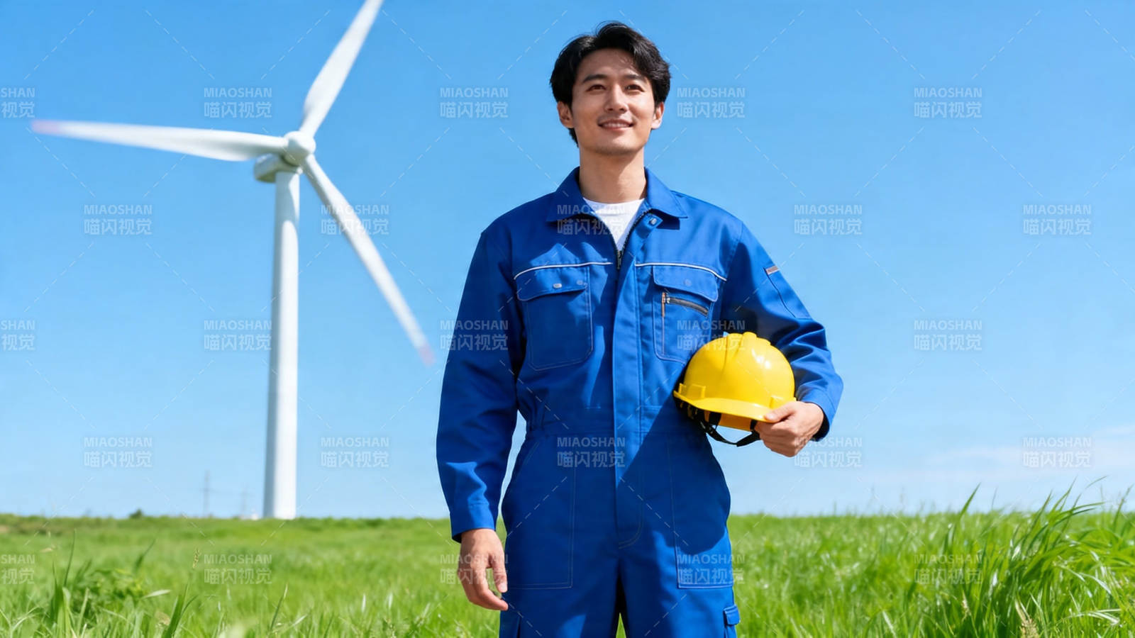 风电场工人持安全帽微笑站立图片