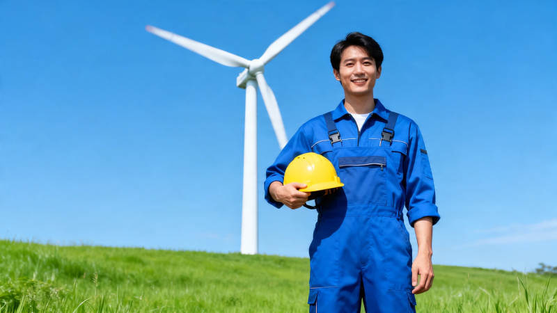 风电工人微笑持帽立绿野图片