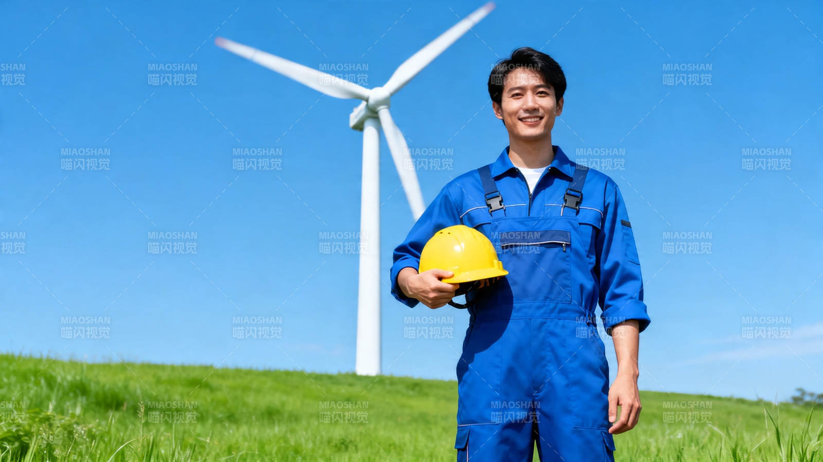 风电工人微笑持帽立绿野图片