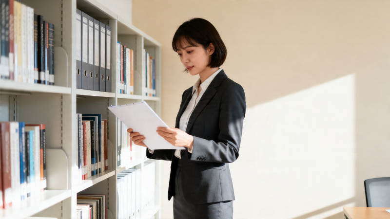 职场女性在书架前阅读文件图片