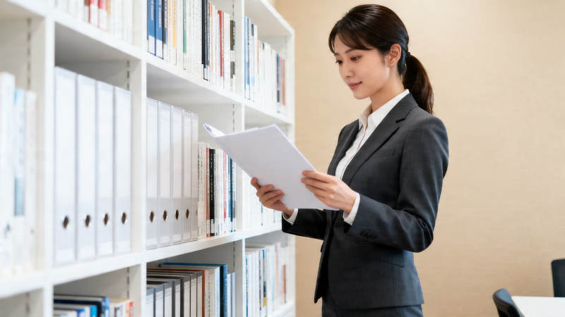 职场女性在书架前阅读文件图片
