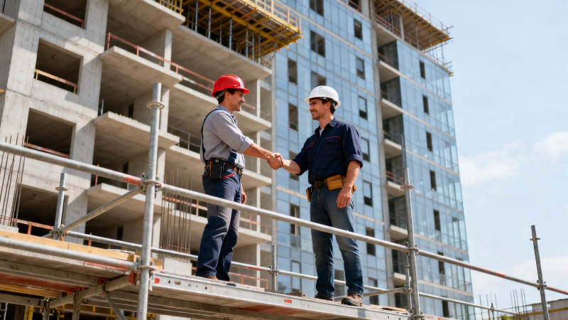 工地握手 合作共建高楼图片