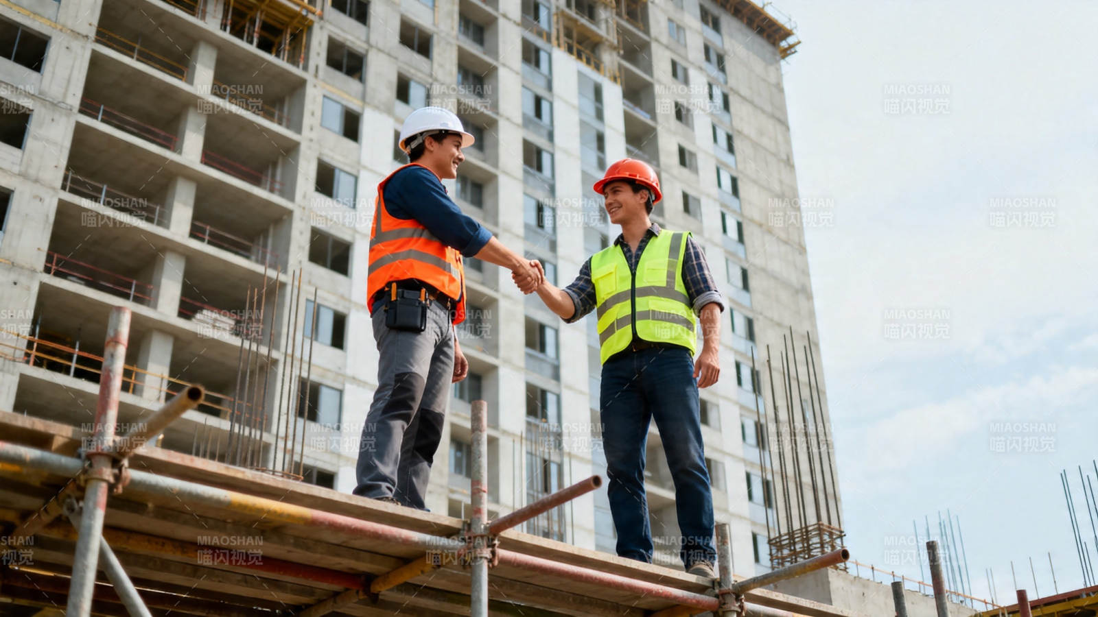 工地握手 合作共建高楼图片