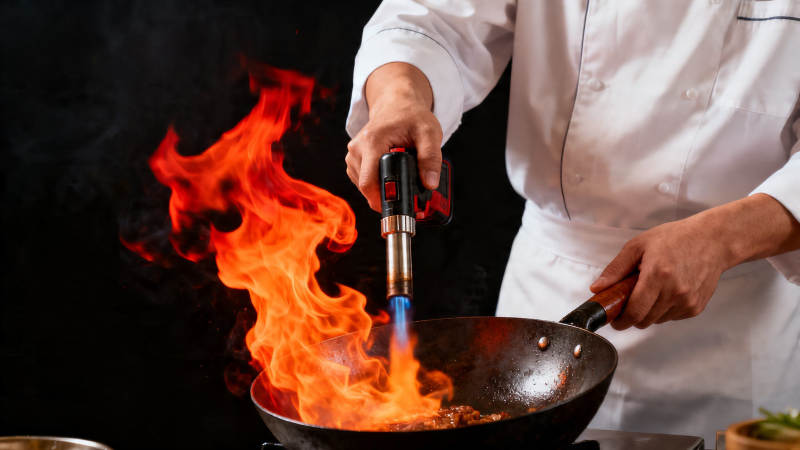 厨师喷枪爆炒火焰升腾图片