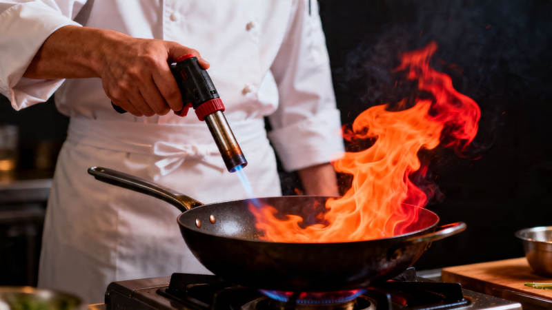 厨师喷枪火焰炒菜图片