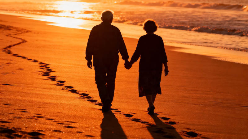 夕阳牵手 沙滩足迹温情图片