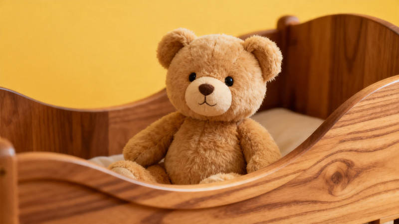 小熊躺木床 暖黄背景柔图片