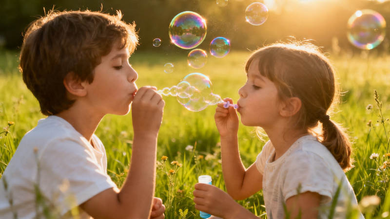 夕阳下吹泡泡的童年时光图片