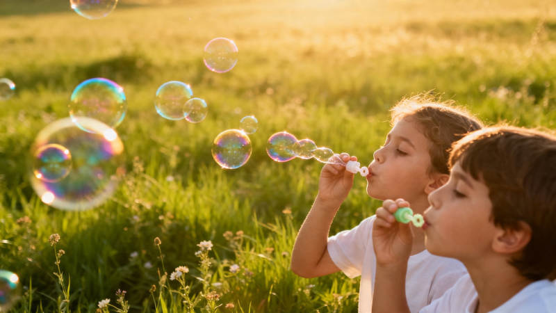 夕阳下吹泡泡的童年时光图片