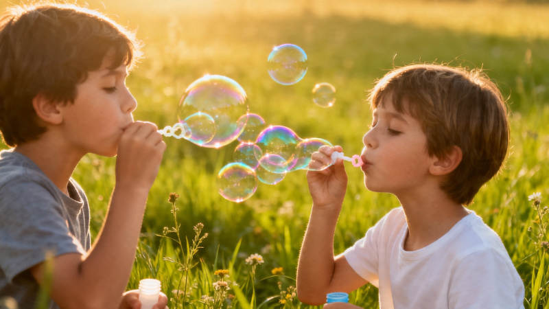夕阳下吹泡泡的兄弟俩图片