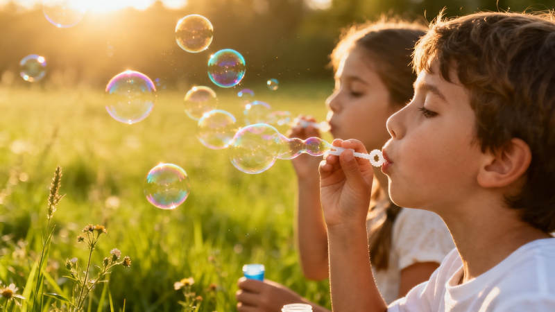 夕阳下吹泡泡的童年时光图片