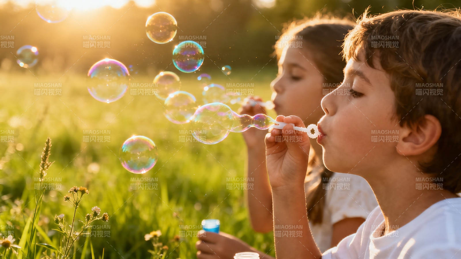 夕阳下吹泡泡的童年时光图片