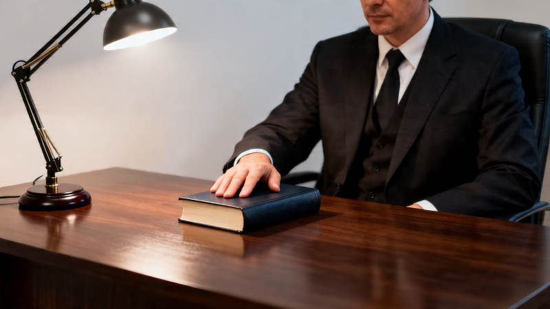 西装男桌前按书 灯下沉思图片