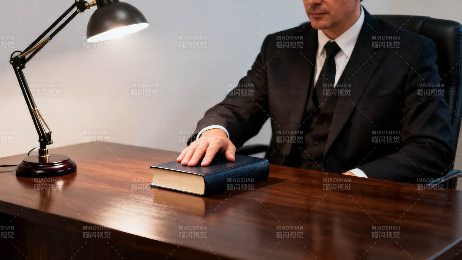 西装男桌前按书 灯下沉思图片