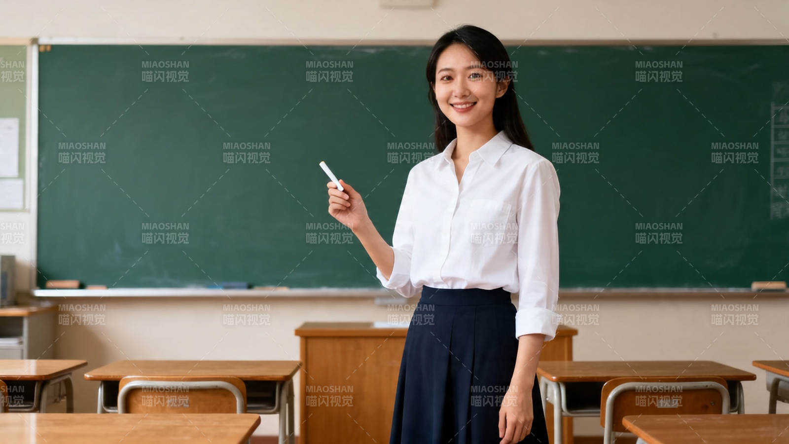 女教师微笑持粉笔授课图片