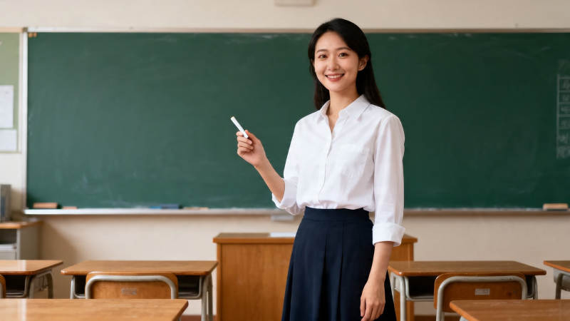 女教师微笑持粉笔授课图片