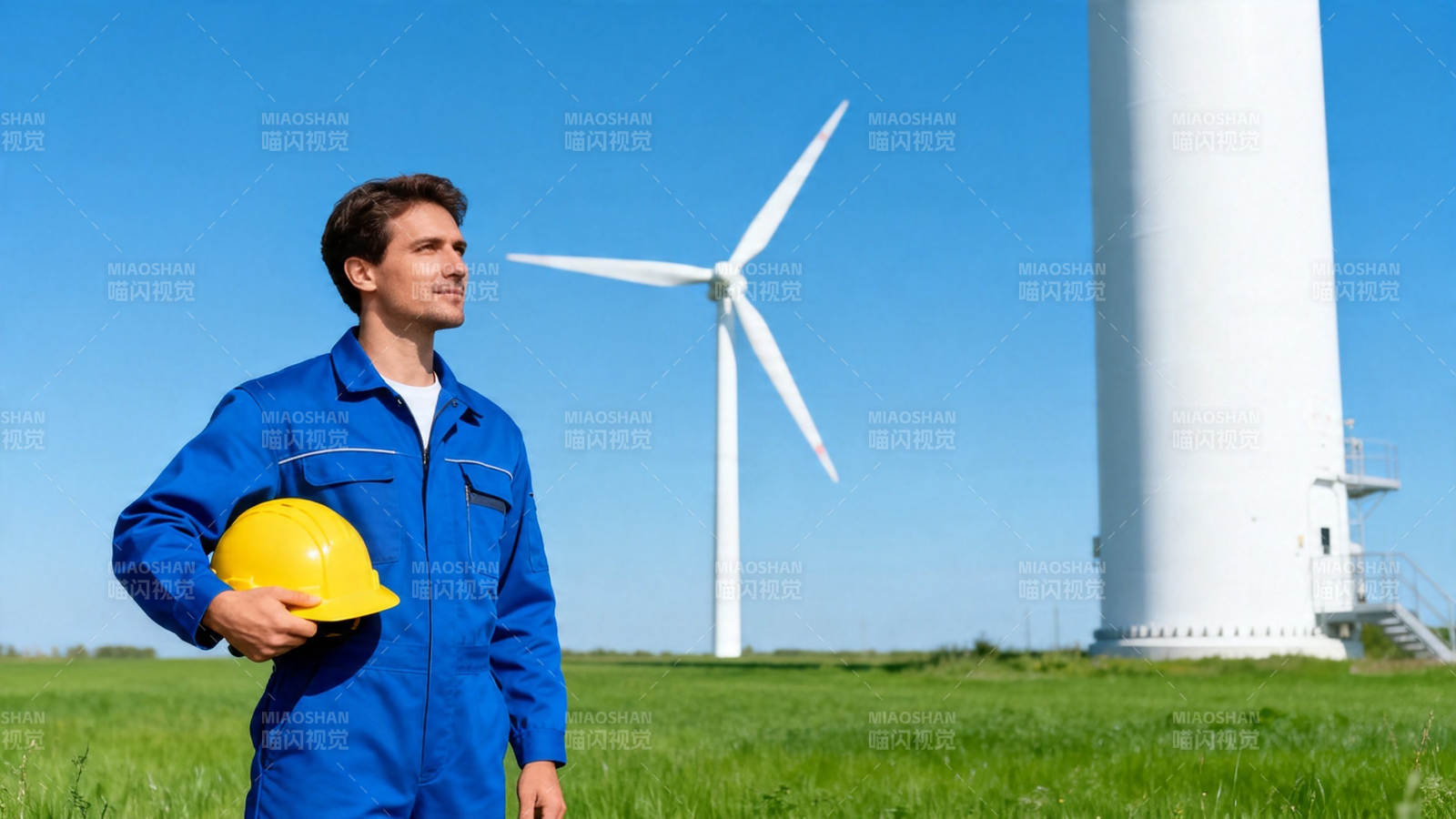 风电场工人持安全帽巡视图片