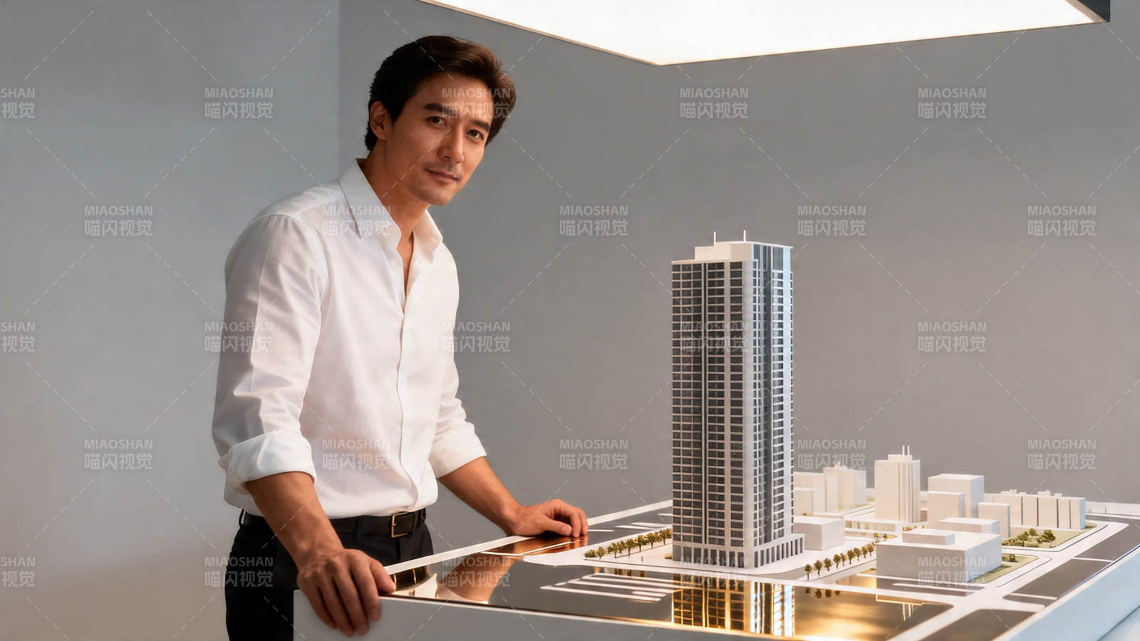 男子审视建筑模型图片