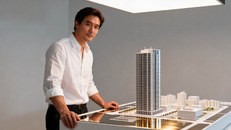 男子审视建筑模型图片