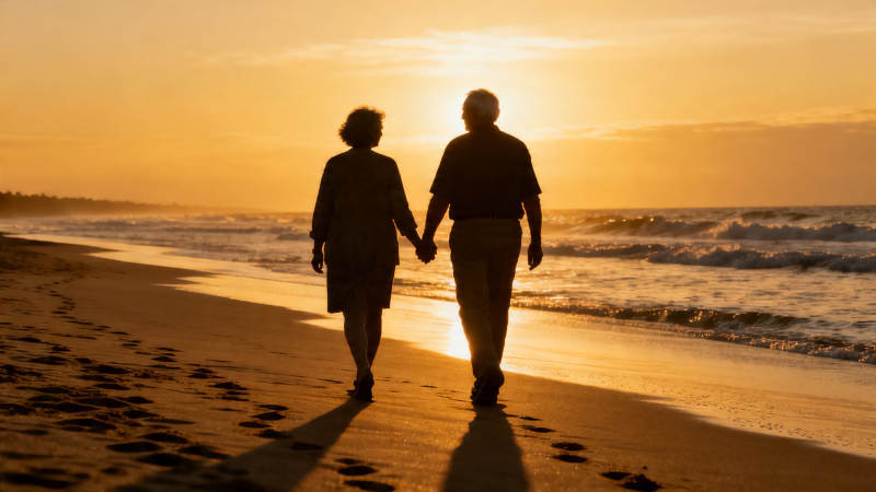 夕阳下牵手漫步海滩图片