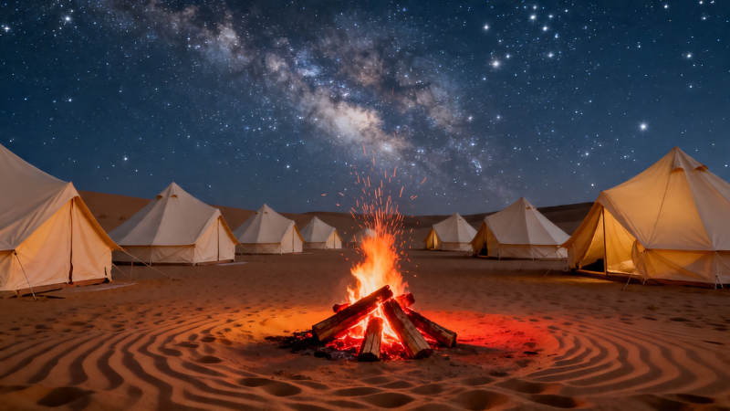 星空下的沙漠篝火营地图片