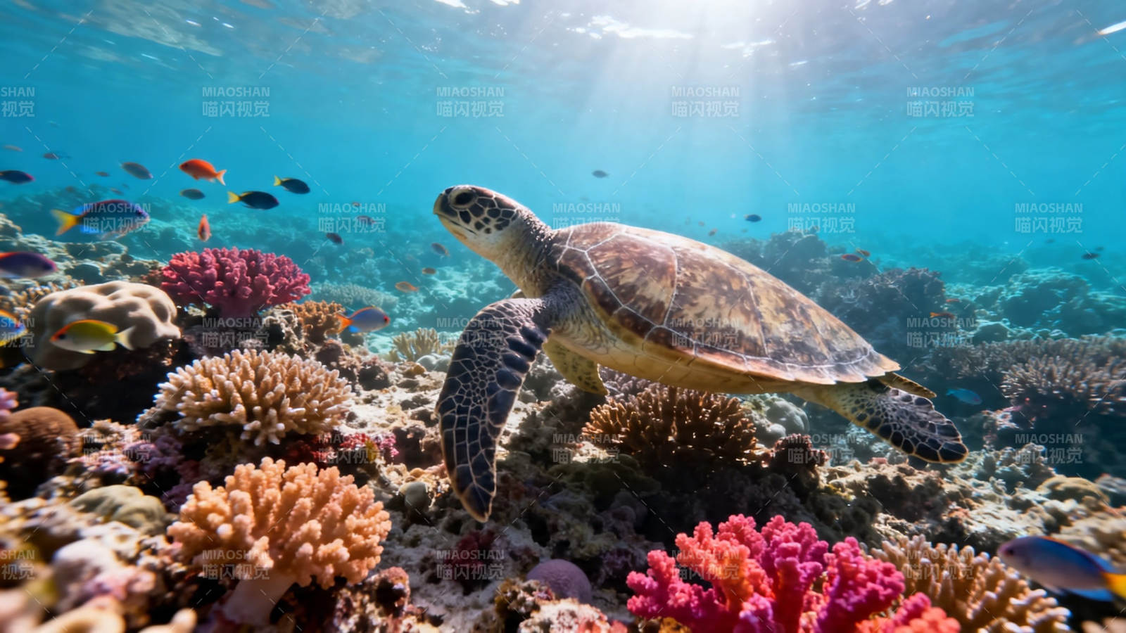 海龟游弋珊瑚礁间图片