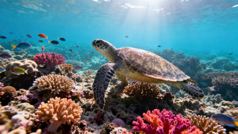 海龟游弋珊瑚礁间图片