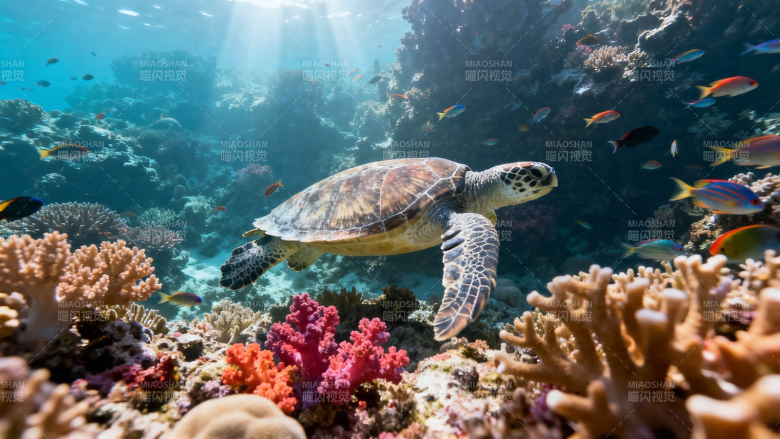 海龟游弋珊瑚礁间图片