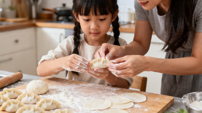 母女包饺 温馨厨房时光图片