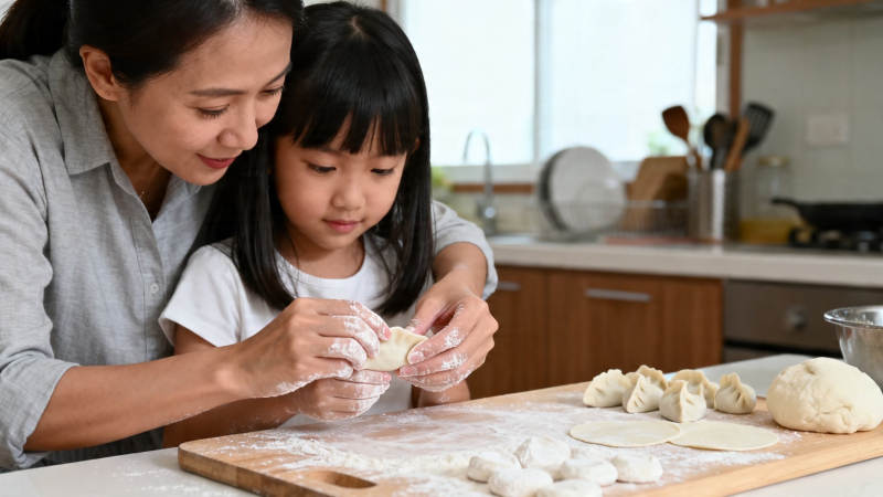 母女厨房包饺子温馨时刻图片