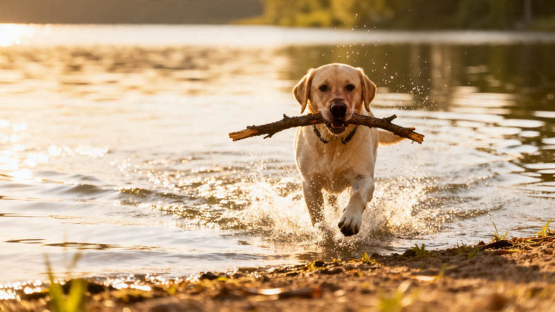 金毛叼枝戏水 夕阳洒金波图片