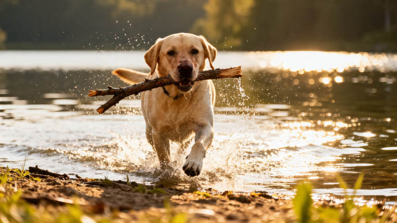 金毛叼枝戏水 夕阳洒金波图片