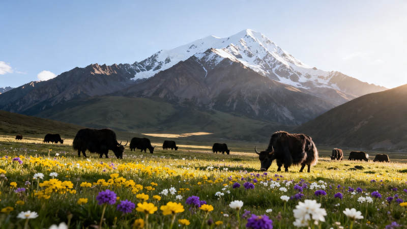雪山花海牦牛悠然行图片