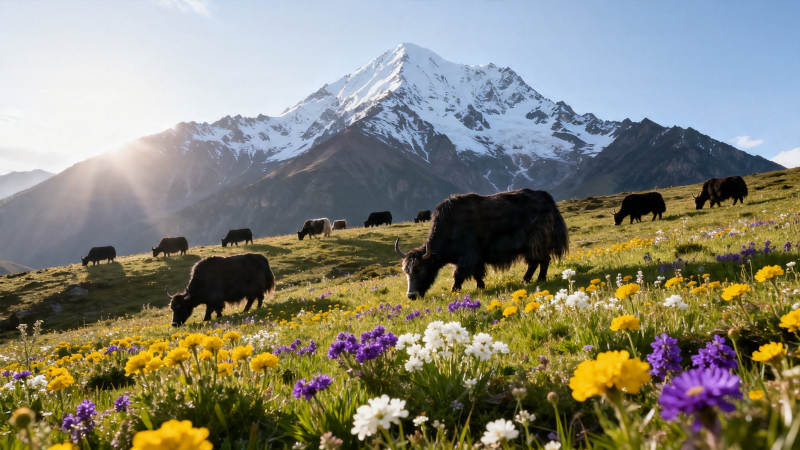 雪山花海牦牛群图片