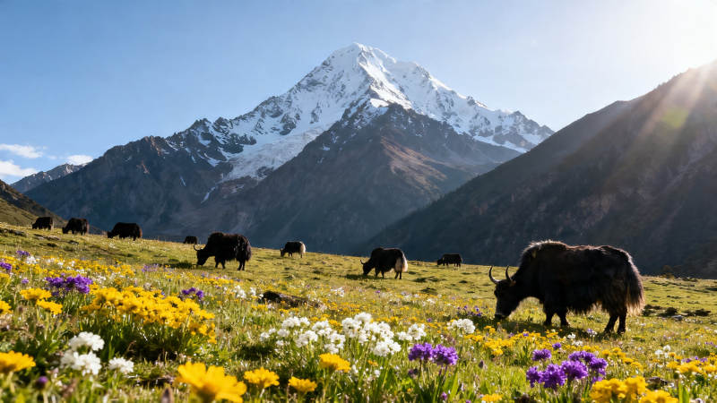 雪山花海牦牛悠然吃草图片