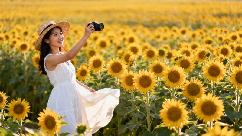 向日葵田中的自拍少女图片