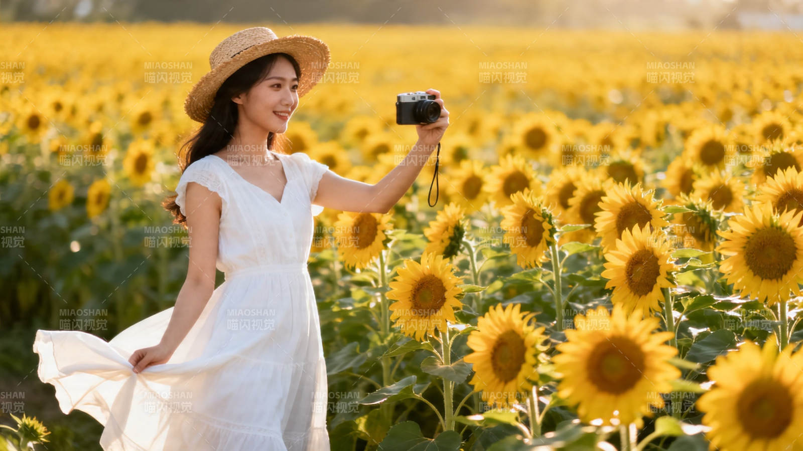 向日葵田中的白衣少女图片