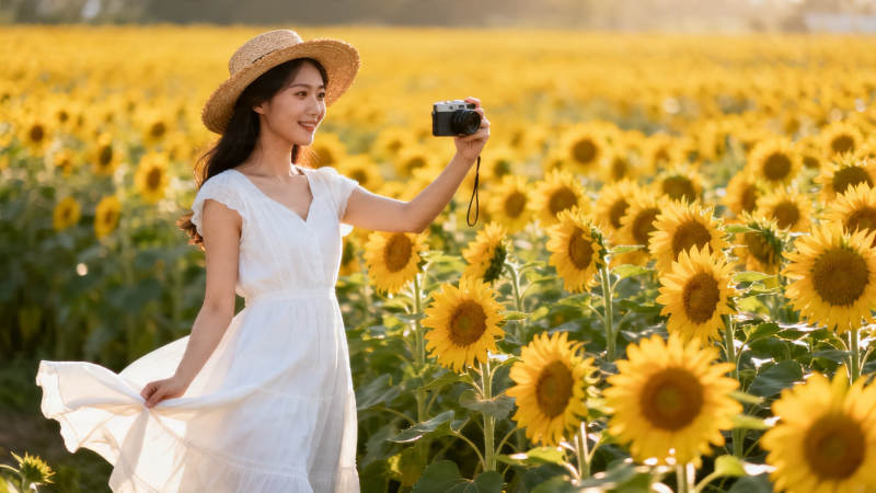 向日葵田中的白衣少女图片