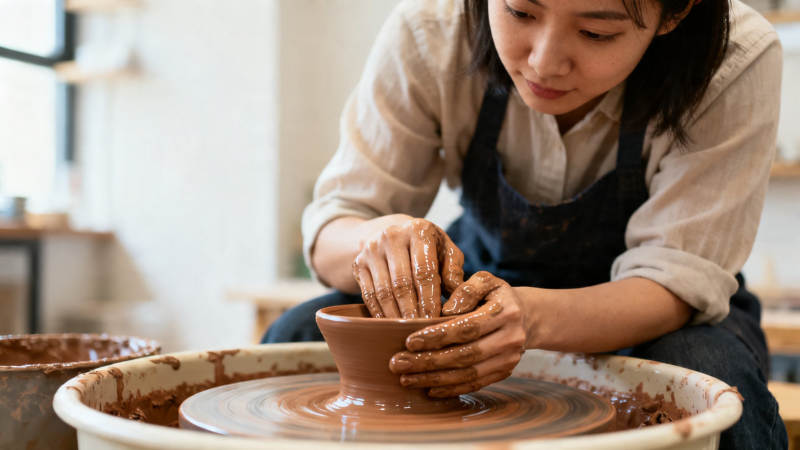 陶艺师专注拉坯成型图片