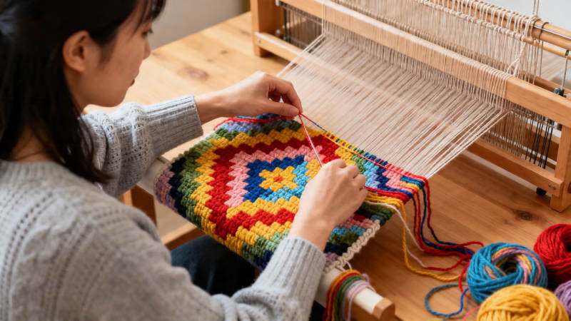 女子织彩色毛毯图片