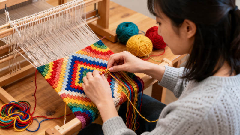 女子织彩虹毛线毯图片