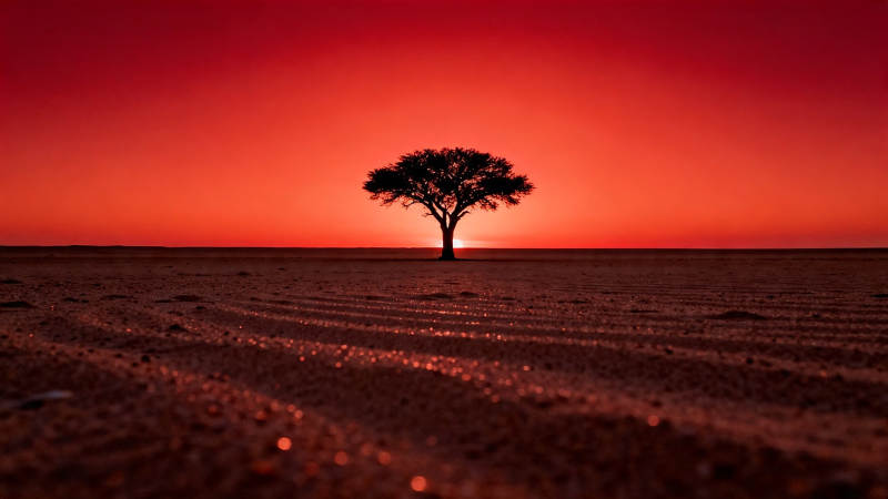 红霞孤树 荒漠夕照图片